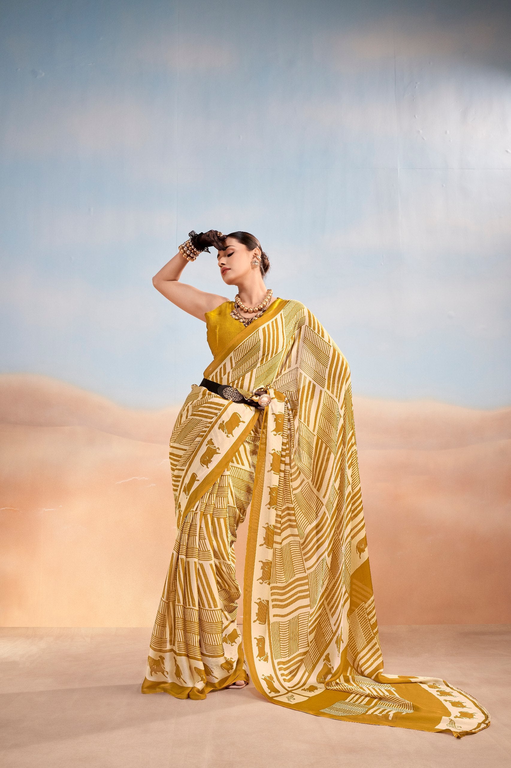 Womenline Mustard Yellow Printed Saree with Contemporary Geometric & Animal Motif Design