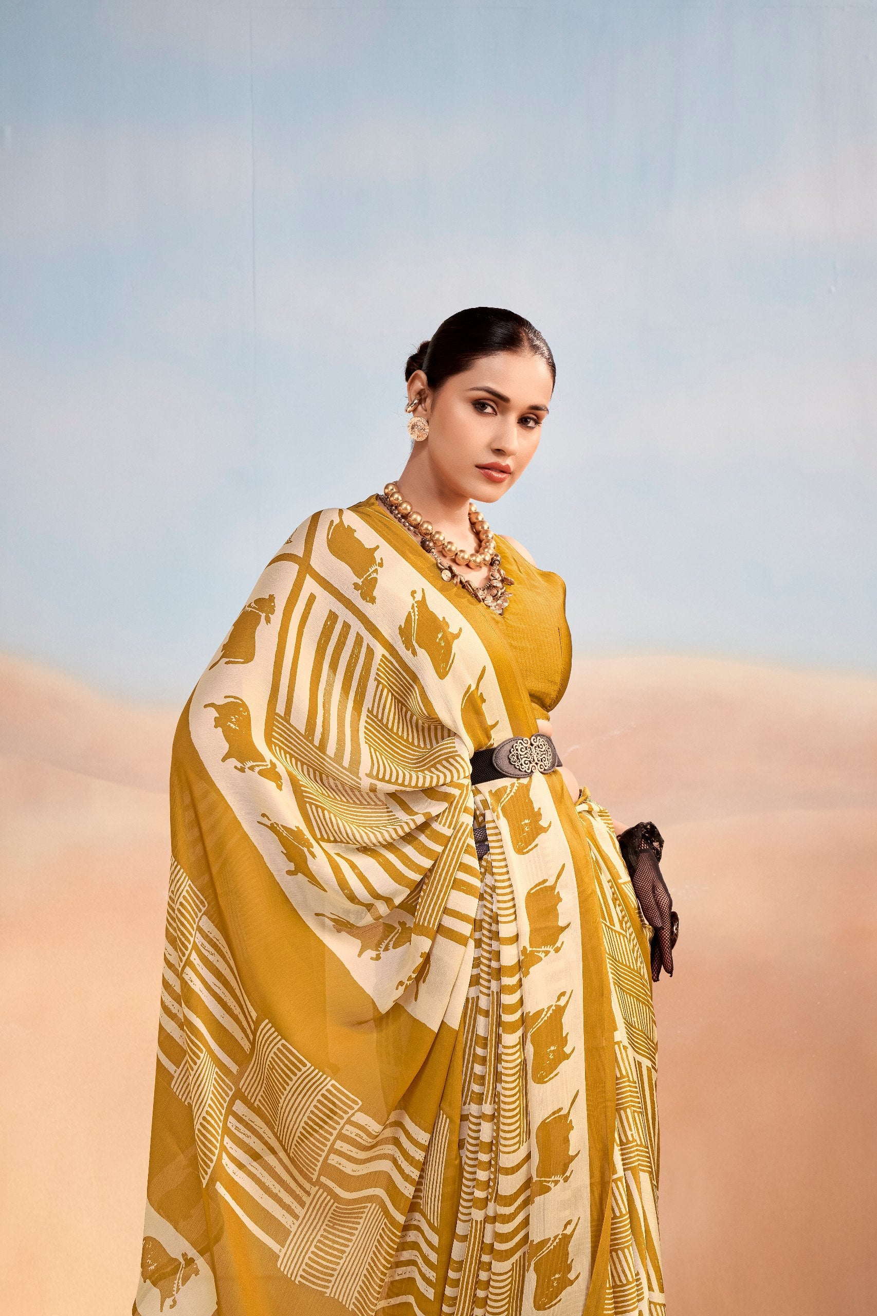 Womenline Mustard Yellow Printed Saree with Contemporary Geometric & Animal Motif Design