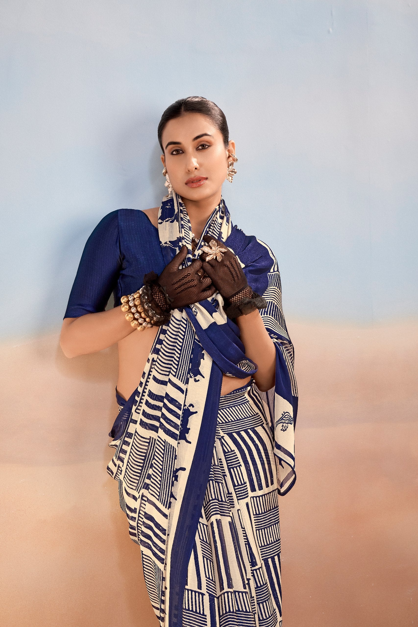 Womenline Royal Blue Printed Saree with Geometric & Animal Motif Design