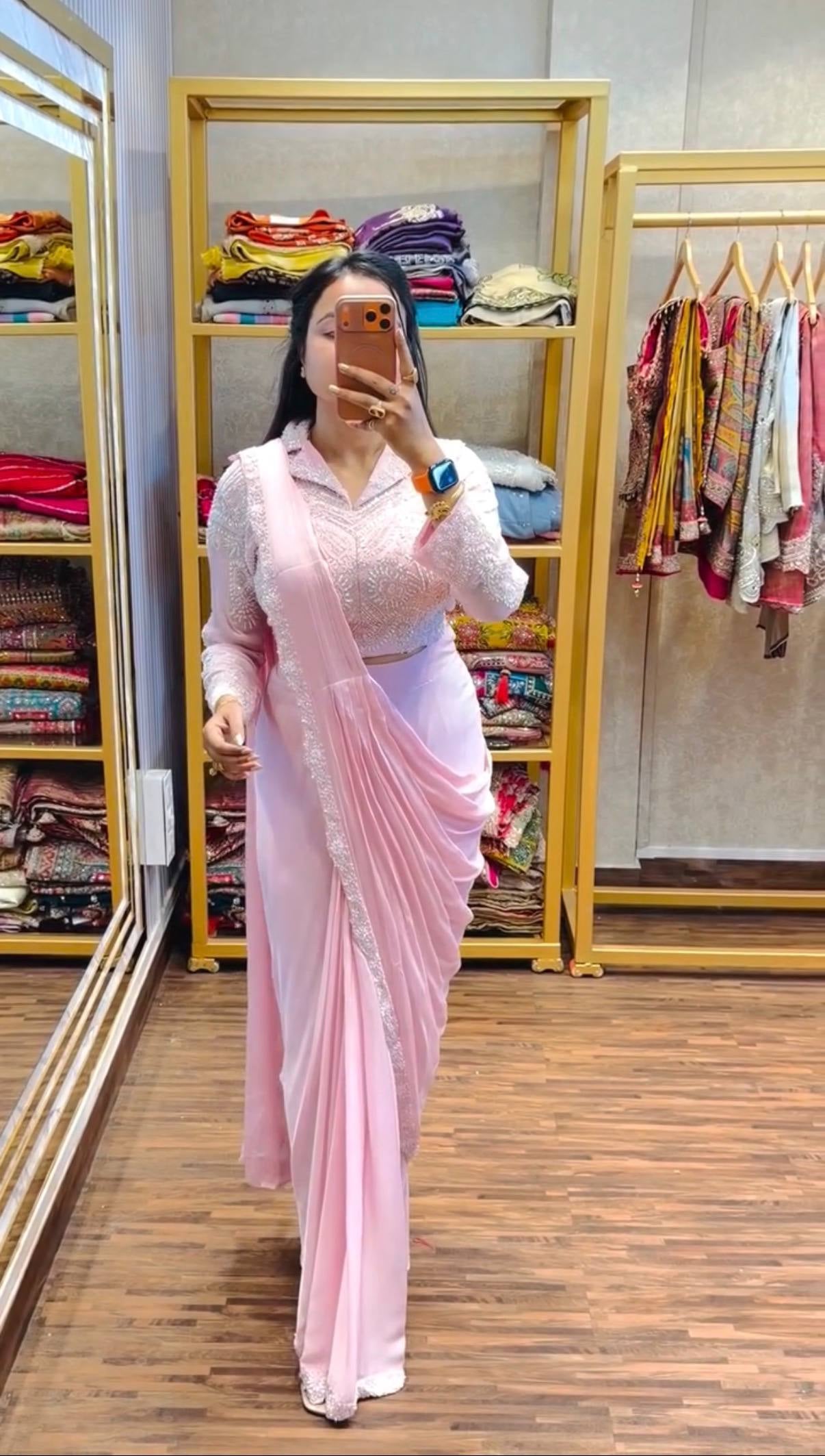 Womenline Blush Pink Ready-to-Wear Embroidered Saree
