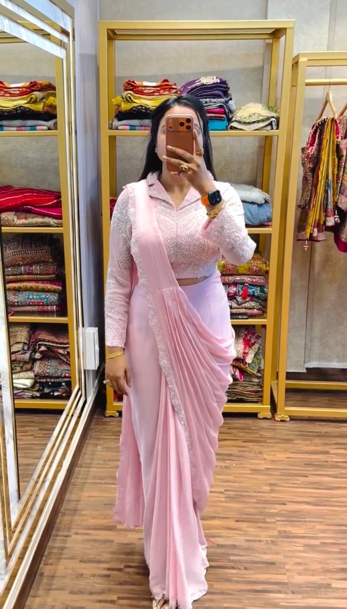 Womenline Blush Pink Ready-to-Wear Embroidered Saree