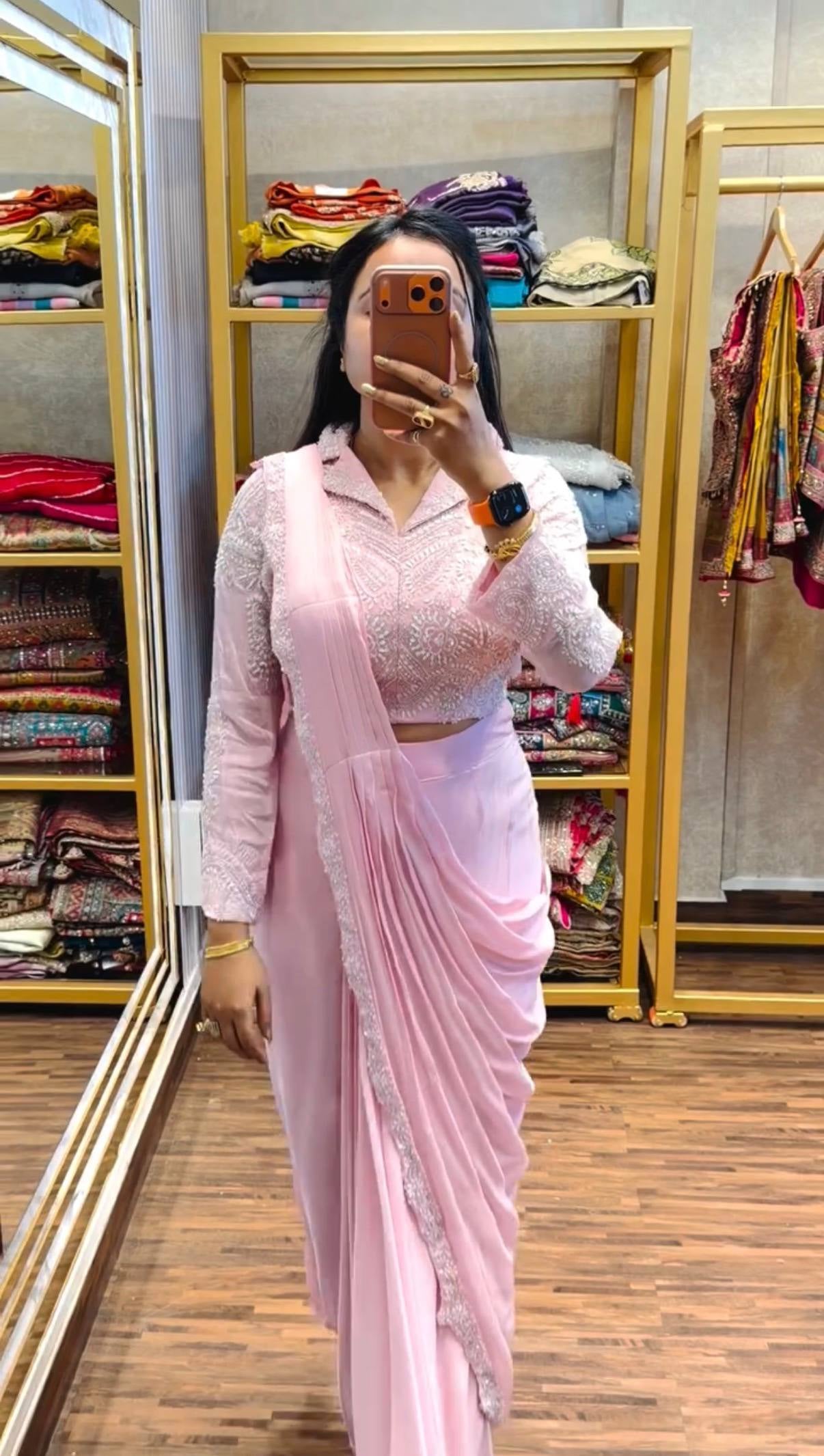 Womenline Blush Pink Ready-to-Wear Embroidered Saree
