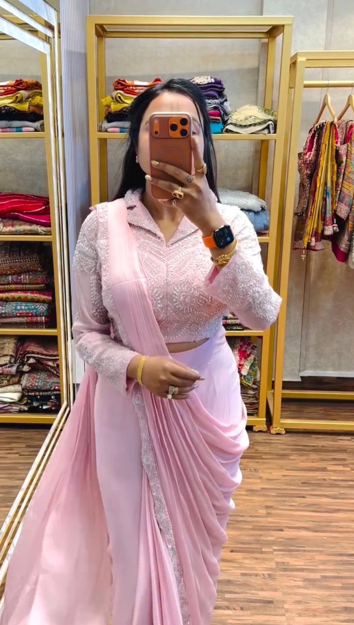 Womenline Blush Pink Ready-to-Wear Embroidered Saree