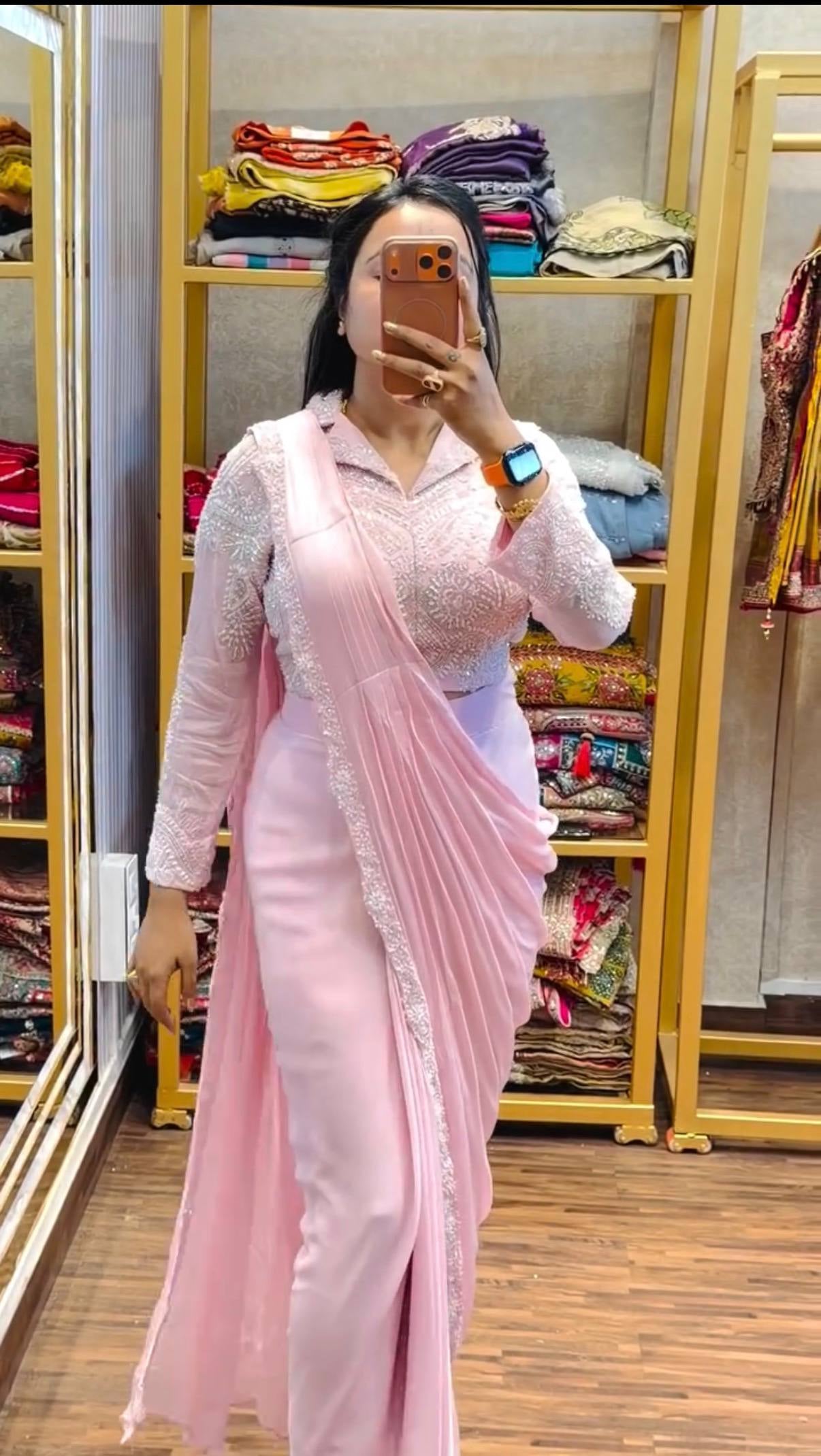 Womenline Blush Pink Ready-to-Wear Embroidered Saree