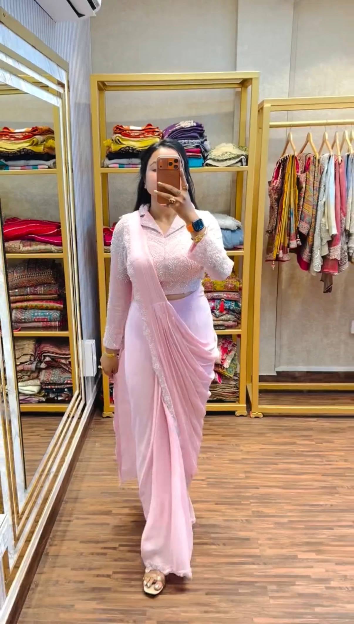 Womenline Blush Pink Ready-to-Wear Embroidered Saree