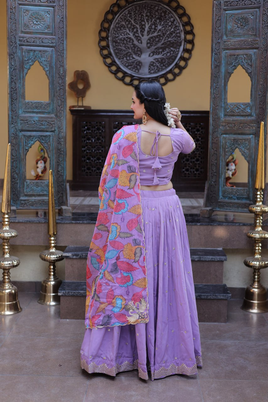 Womenline Lavender Floral Printed Lehenga Set with Designer Blouse & Dupatta