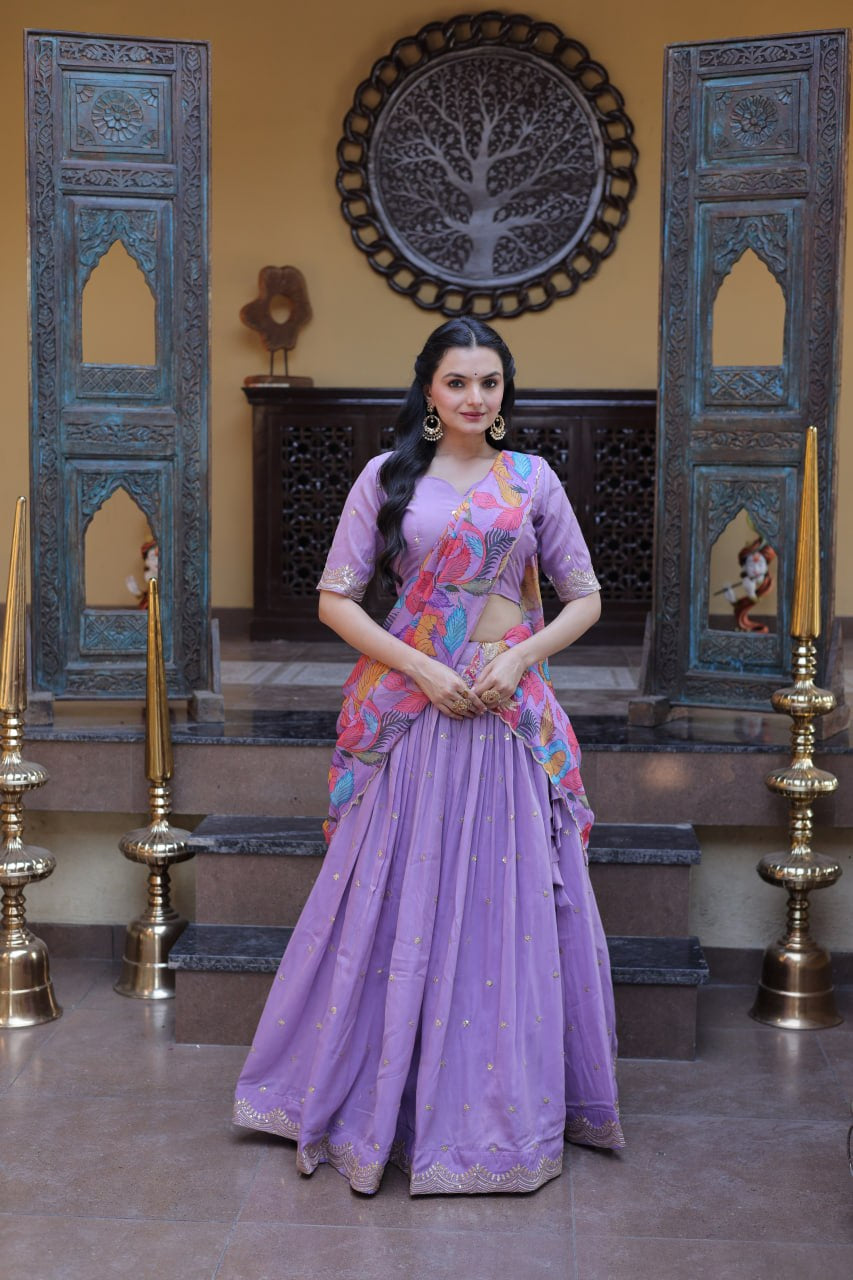 Womenline Lavender Floral Printed Lehenga Set with Designer Blouse & Dupatta