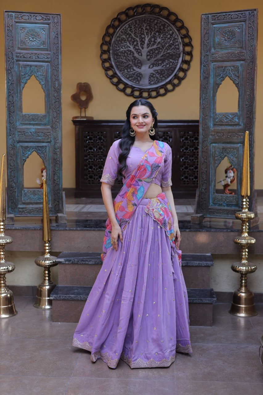 Womenline Lavender Floral Printed Lehenga Set with Designer Blouse & Dupatta