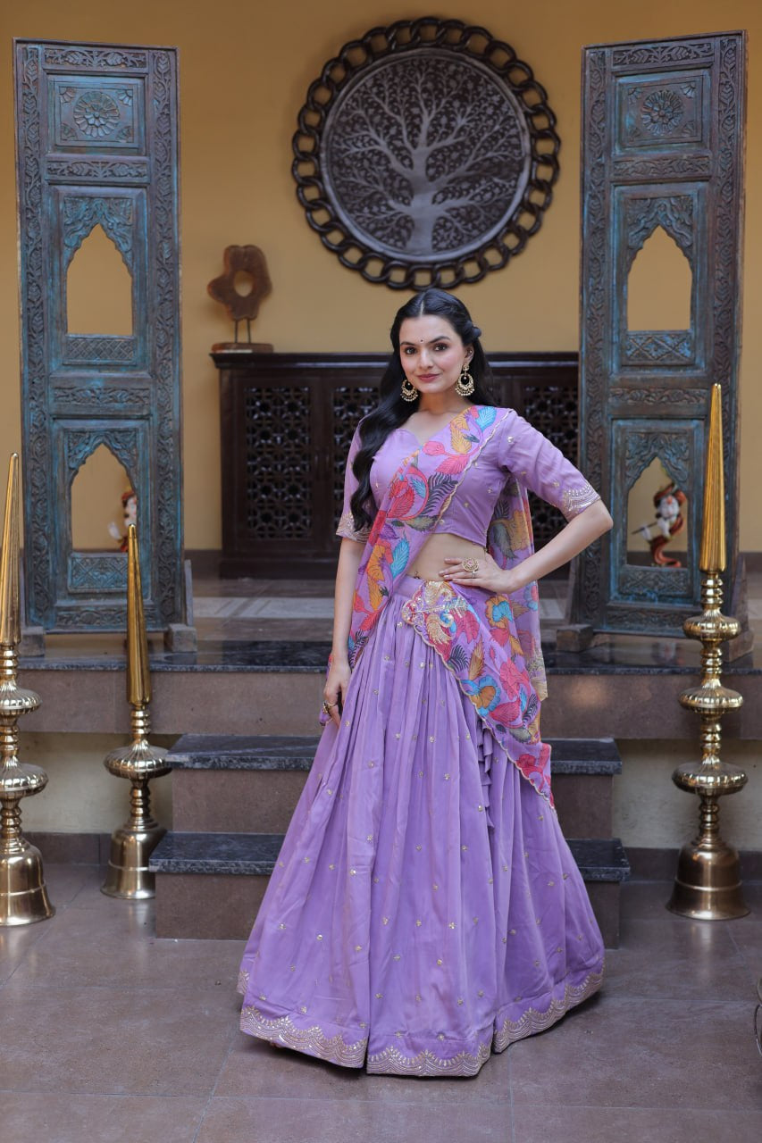 Womenline Lavender Floral Printed Lehenga Set with Designer Blouse & Dupatta