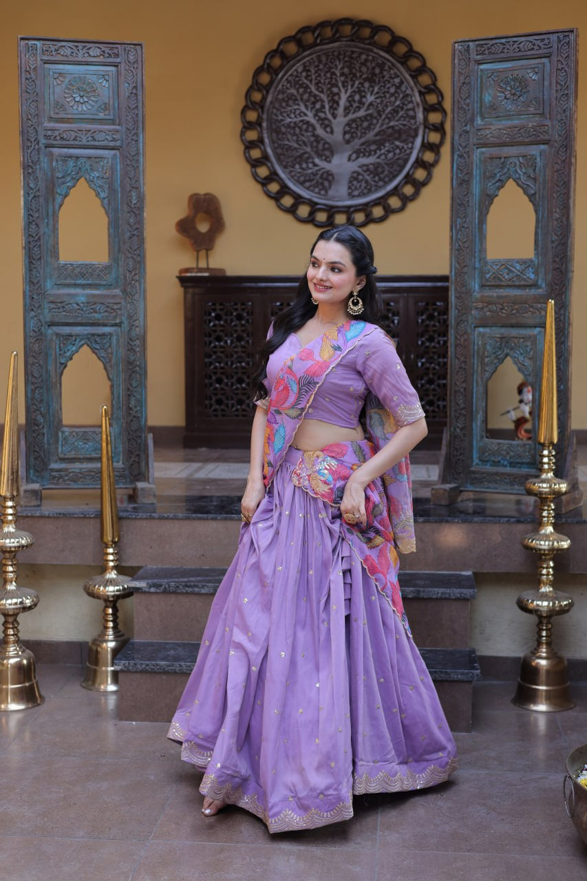 Womenline Lavender Floral Printed Lehenga Set with Designer Blouse & Dupatta