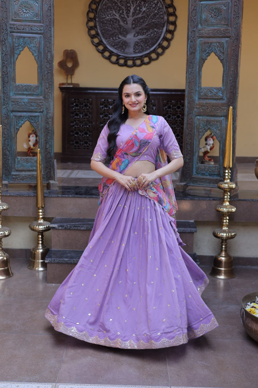 Womenline Lavender Floral Printed Lehenga Set with Designer Blouse & Dupatta