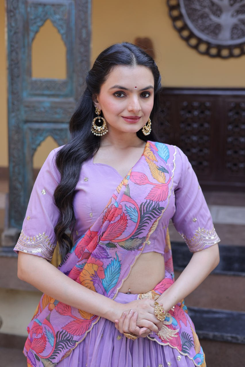 Womenline Lavender Floral Printed Lehenga Set with Designer Blouse & Dupatta