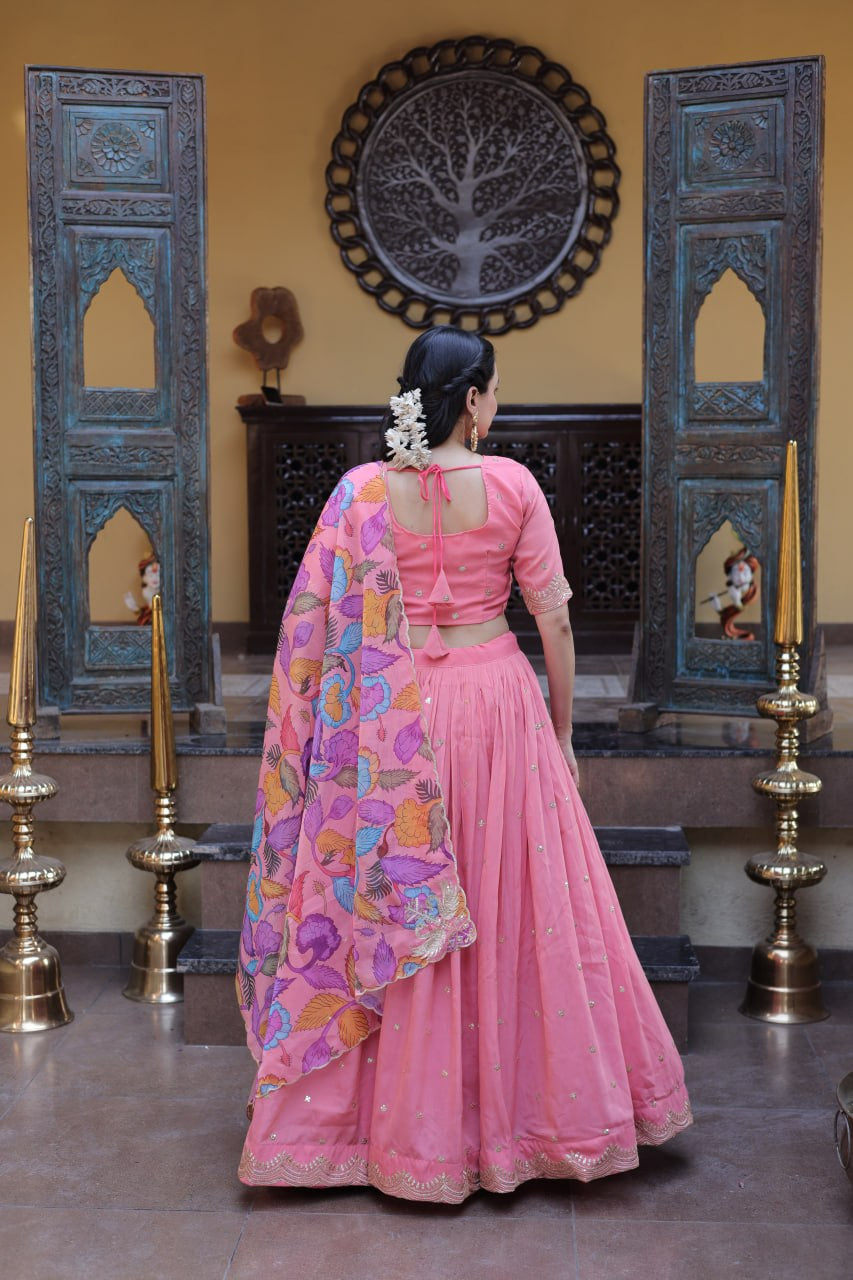 Womenline Blush Pink Lehenga Set with Multicolor Printed Dupatta & Designer Blouse