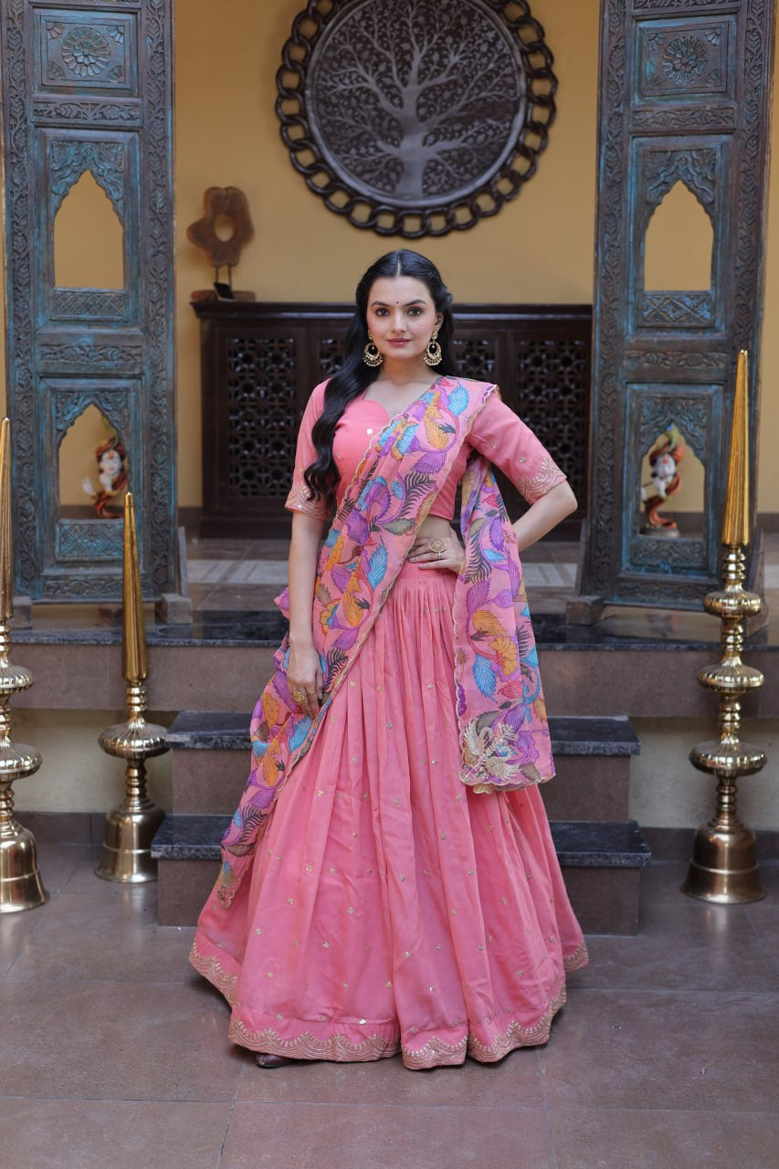 Womenline Blush Pink Lehenga Set with Multicolor Printed Dupatta & Designer Blouse