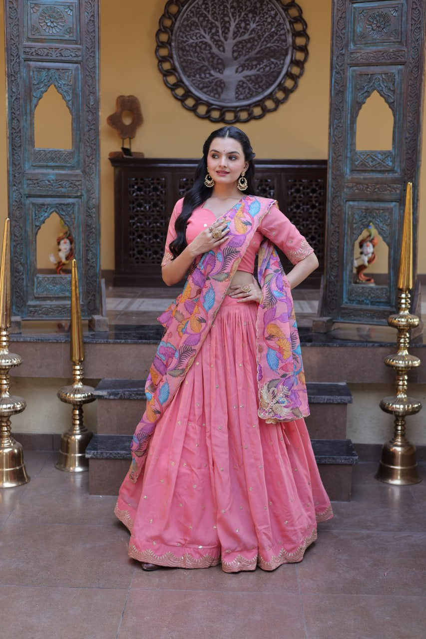 Womenline Blush Pink Lehenga Set with Multicolor Printed Dupatta & Designer Blouse