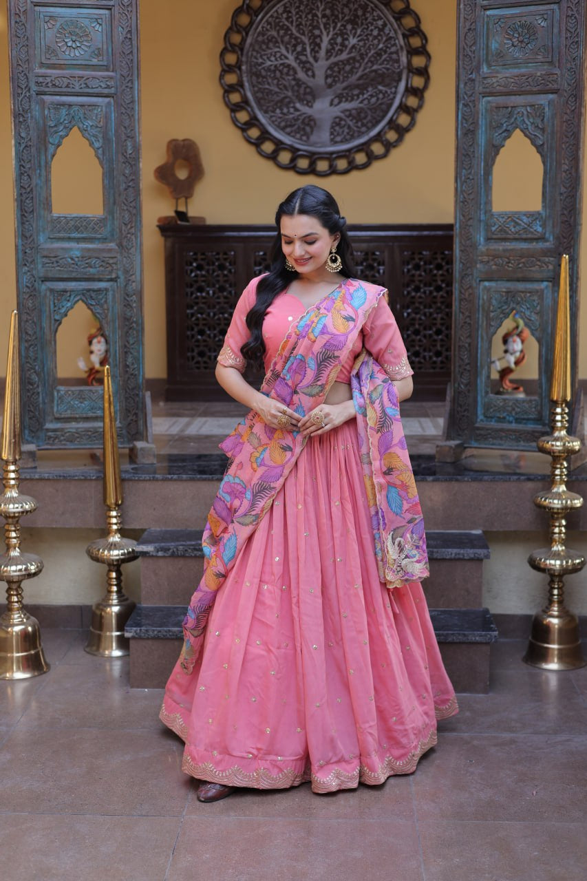 Womenline Blush Pink Lehenga Set with Multicolor Printed Dupatta & Designer Blouse