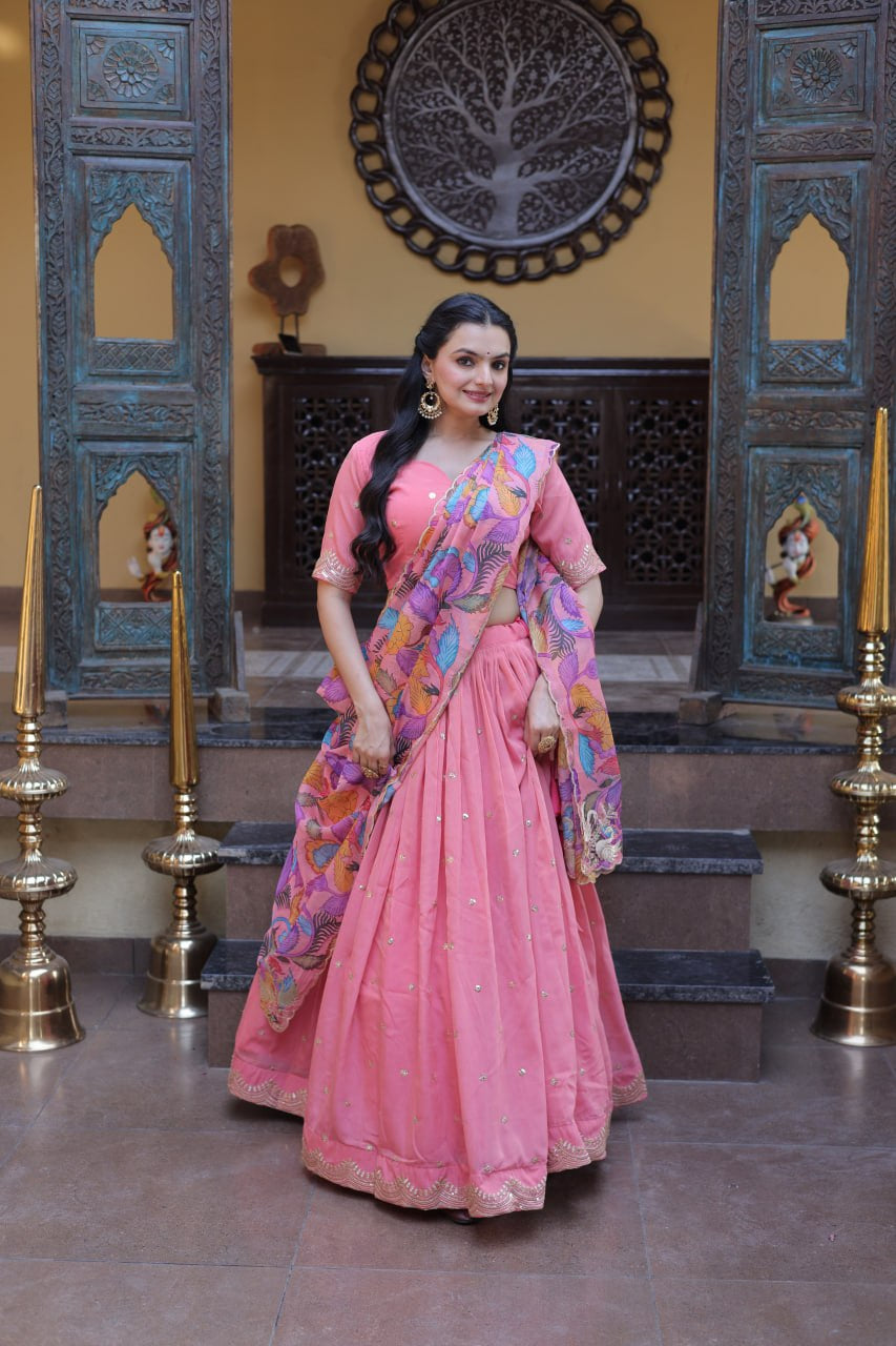 Womenline Blush Pink Lehenga Set with Multicolor Printed Dupatta & Designer Blouse
