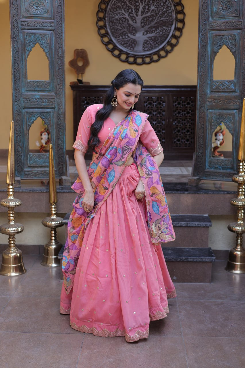 Womenline Blush Pink Lehenga Set with Multicolor Printed Dupatta & Designer Blouse