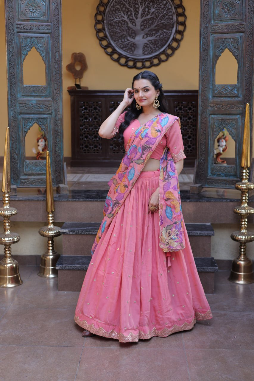 Womenline Blush Pink Lehenga Set with Multicolor Printed Dupatta & Designer Blouse