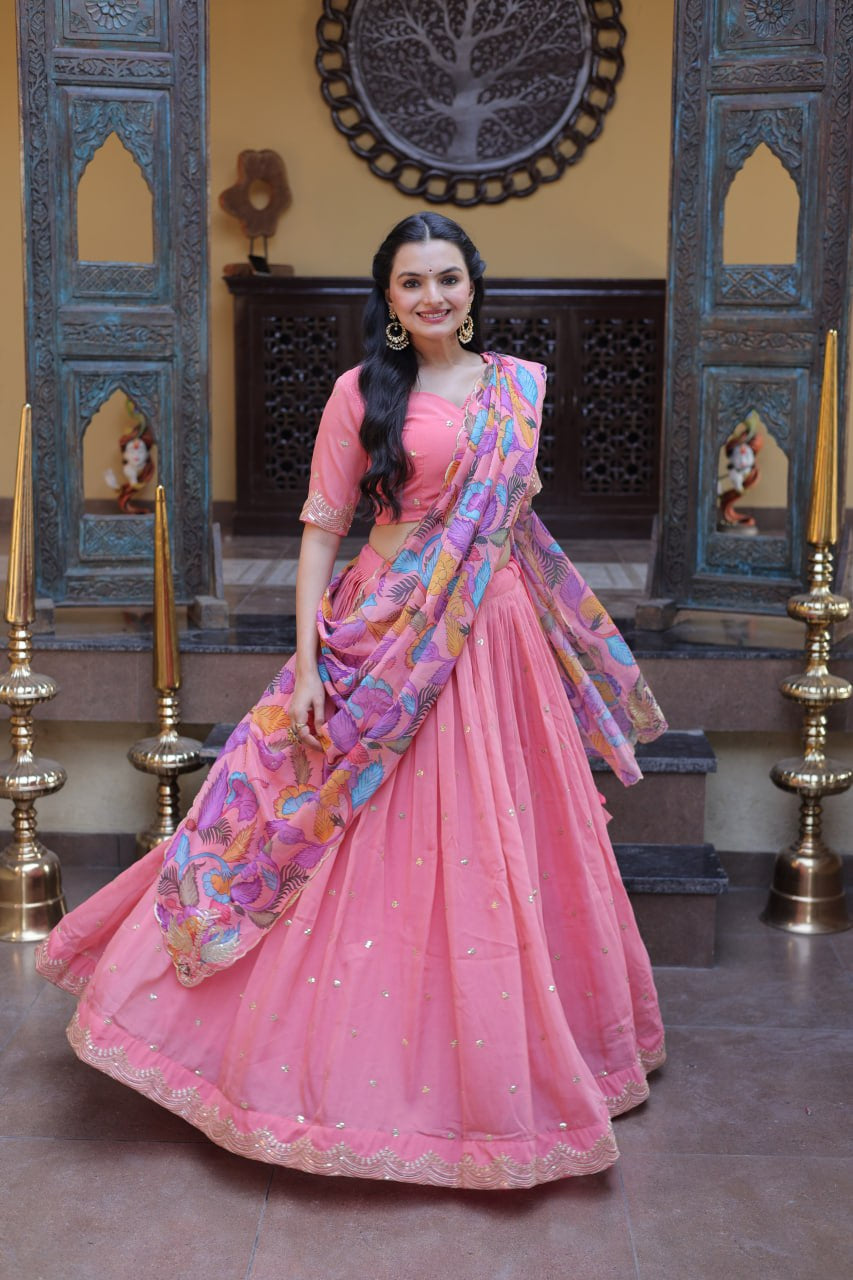 Womenline Blush Pink Lehenga Set with Multicolor Printed Dupatta & Designer Blouse