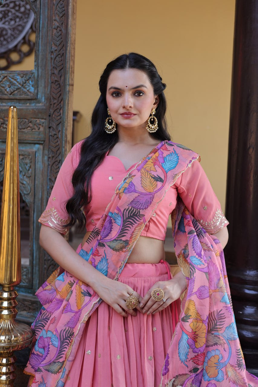 Womenline Blush Pink Lehenga Set with Multicolor Printed Dupatta & Designer Blouse