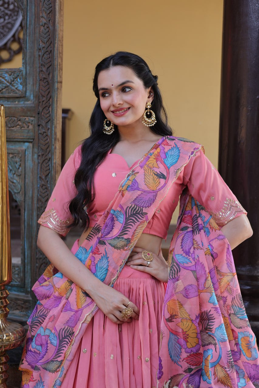 Womenline Blush Pink Lehenga Set with Multicolor Printed Dupatta & Designer Blouse