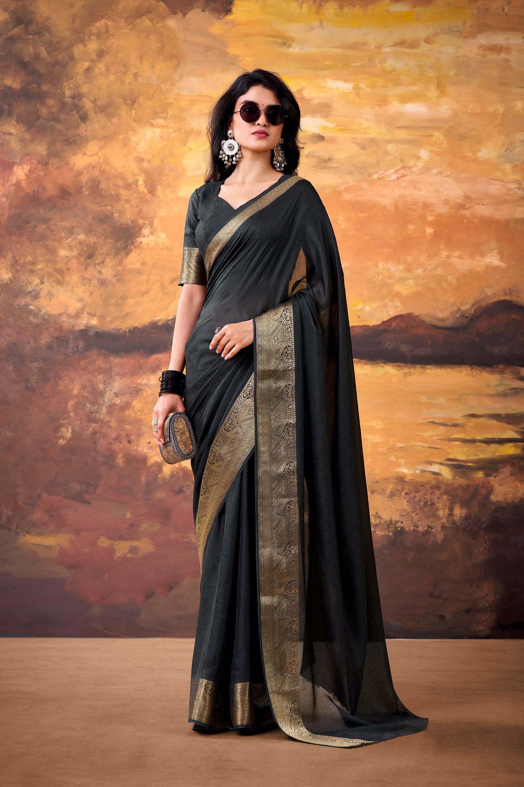 Womenline Black Saree with Elegant Gold Border
