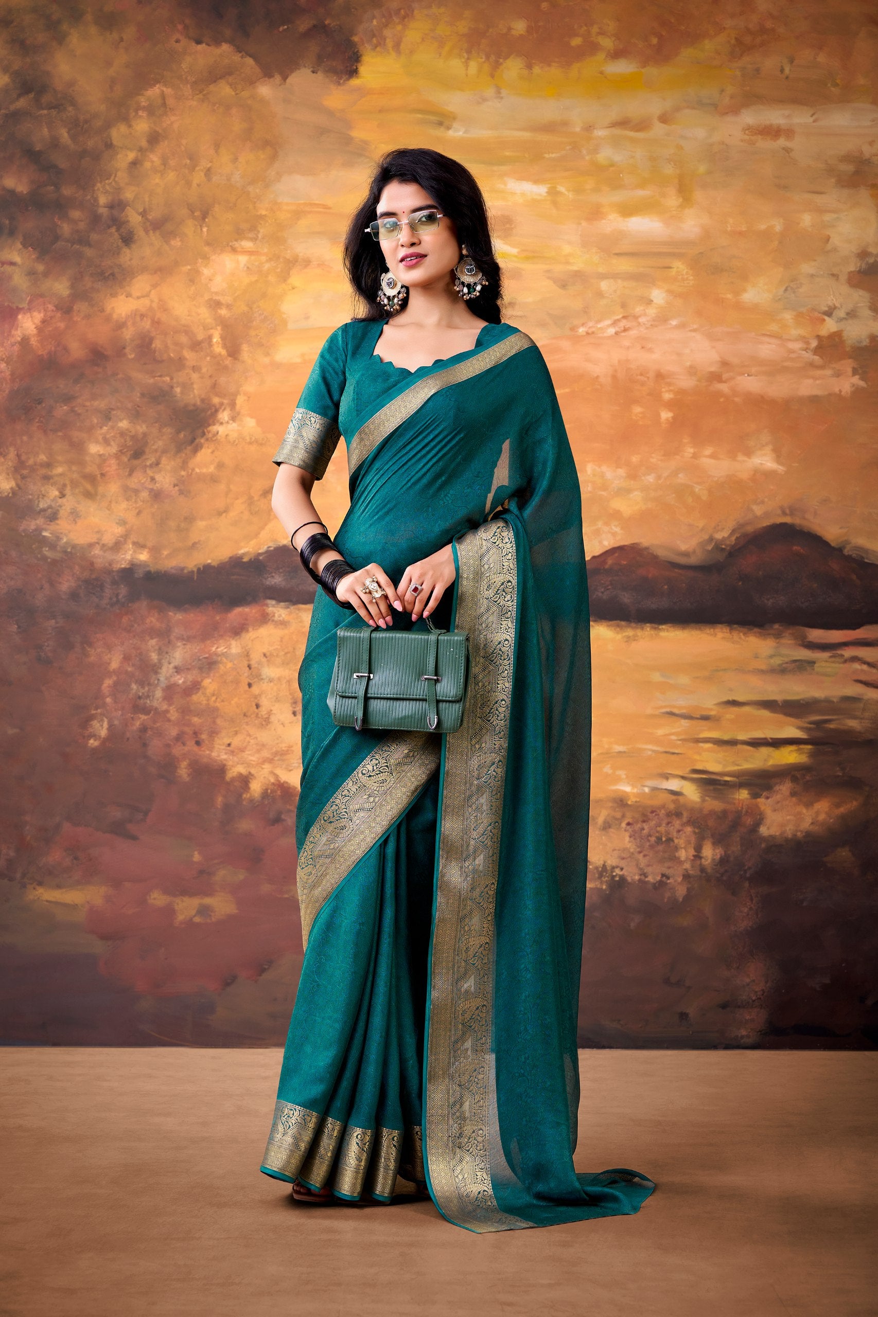 Womenline Teal Green Saree with Elegant Gold Border