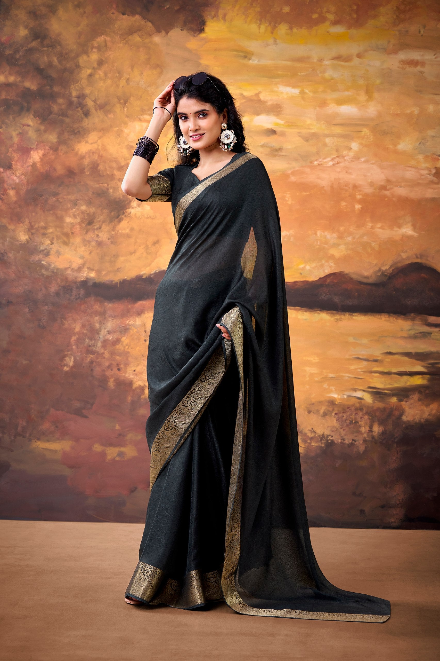 Womenline Black Saree with Elegant Gold Border