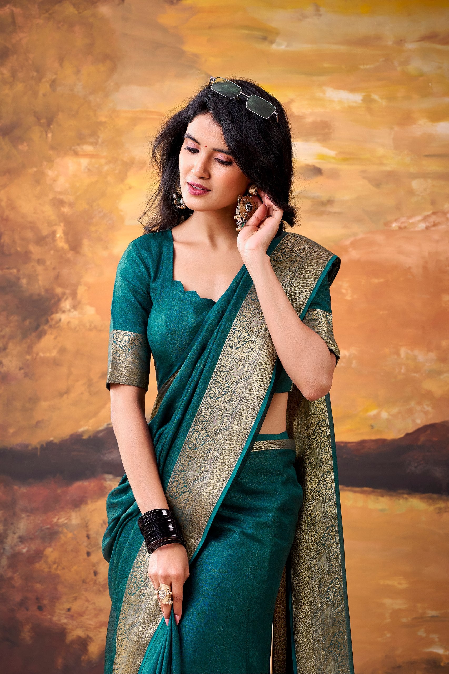 Womenline Teal Green Saree with Elegant Gold Border