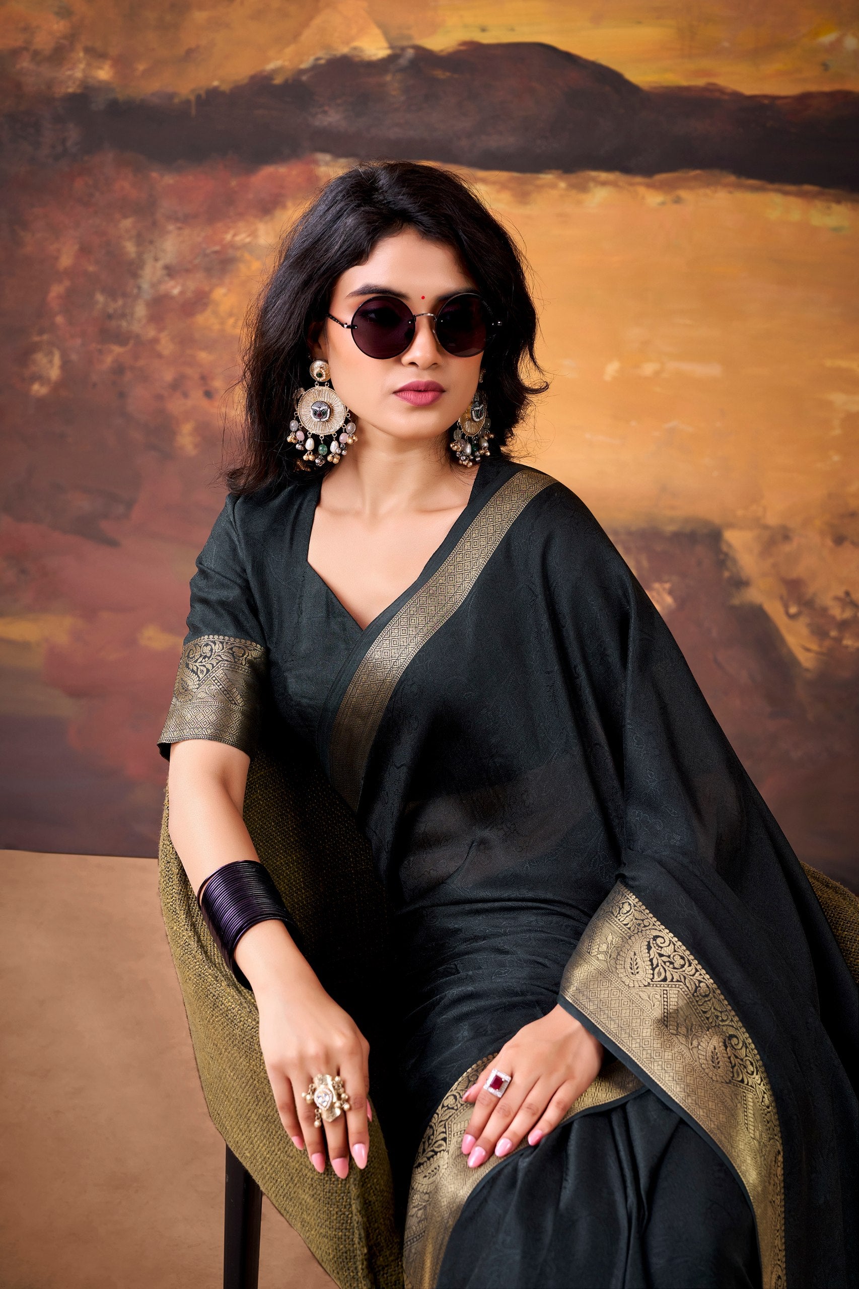 Womenline Black Saree with Elegant Gold Border