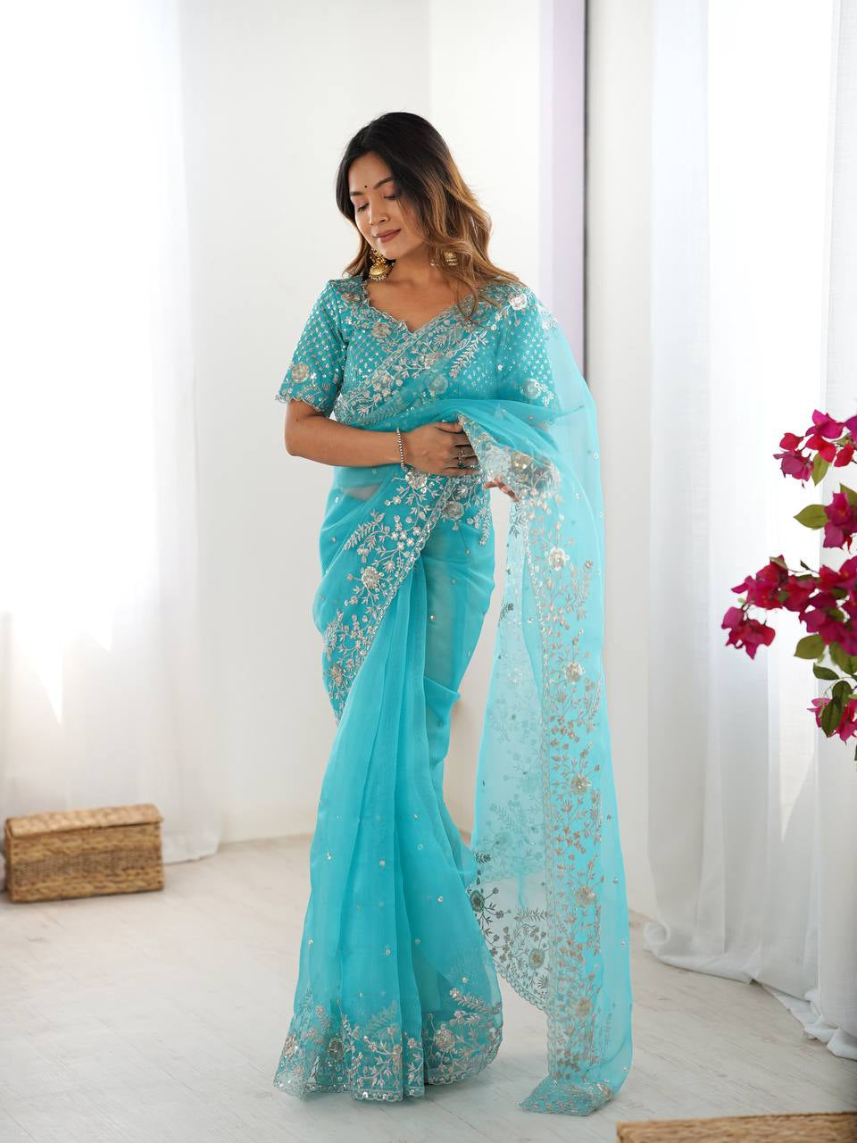 Womenline Elegant Aqua Blue Embroidered Saree Set