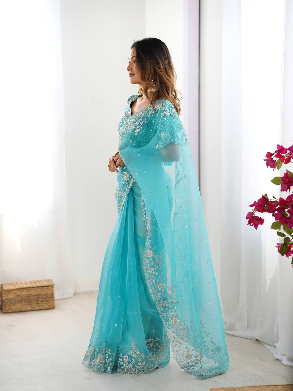 Womenline Elegant Aqua Blue Embroidered Saree Set