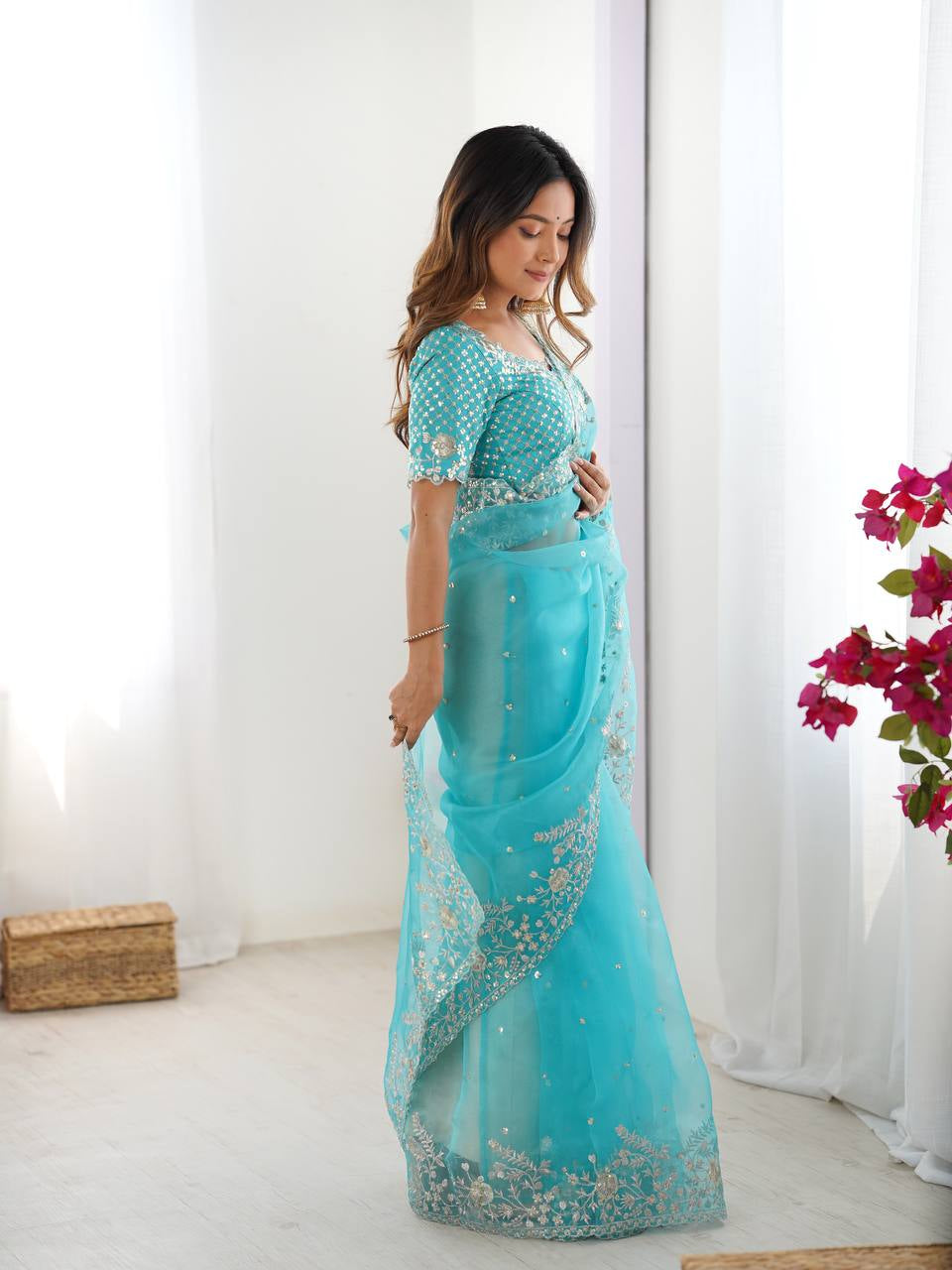 Womenline Elegant Aqua Blue Embroidered Saree Set