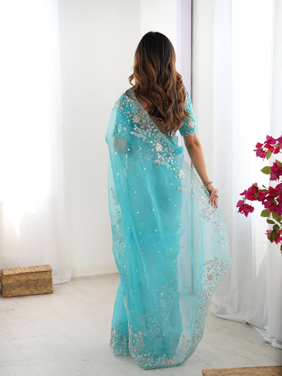 Womenline Elegant Aqua Blue Embroidered Saree Set