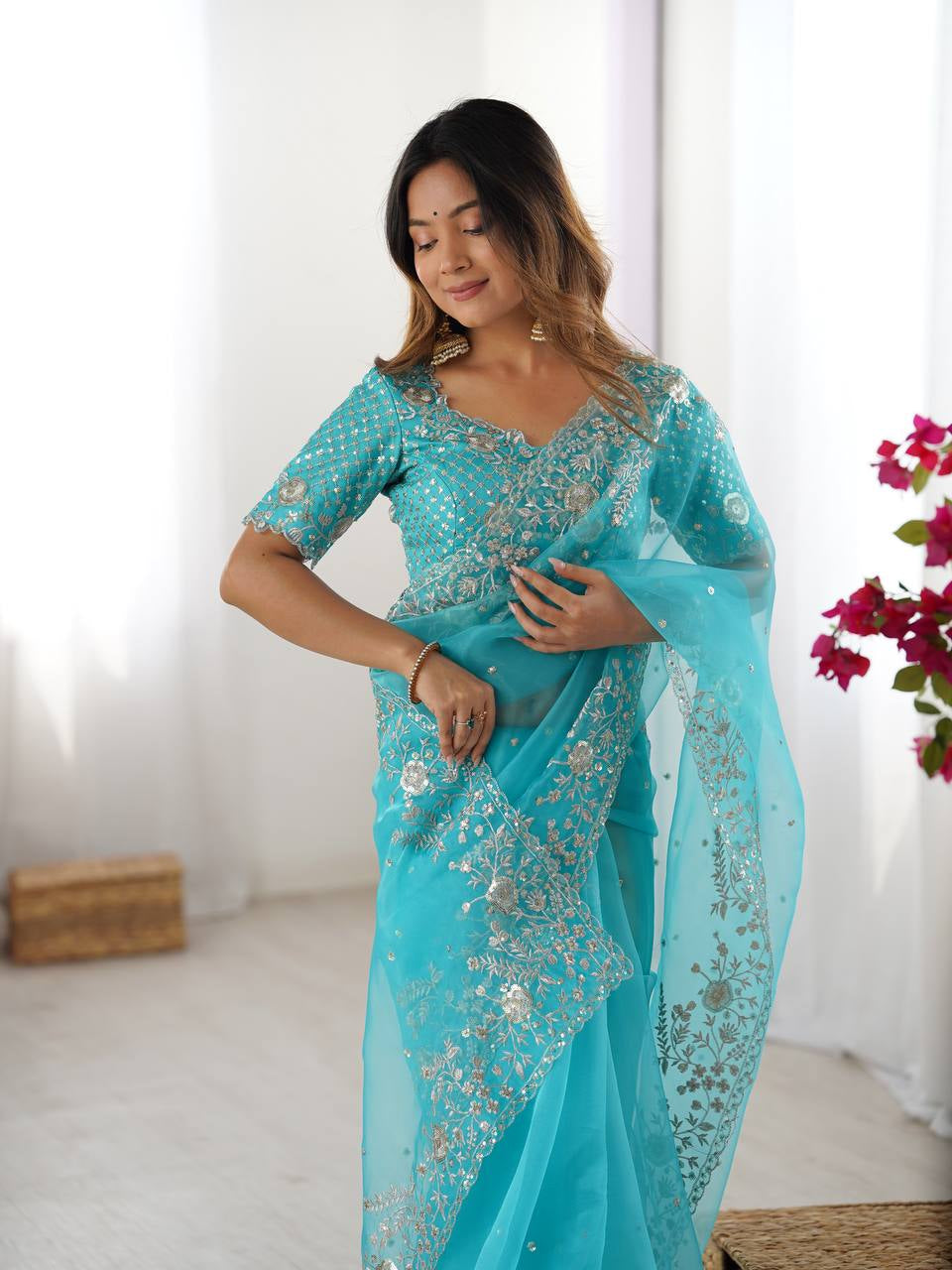 Womenline Elegant Aqua Blue Embroidered Saree Set
