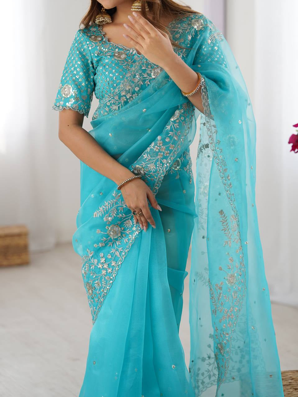 Womenline Elegant Aqua Blue Embroidered Saree Set