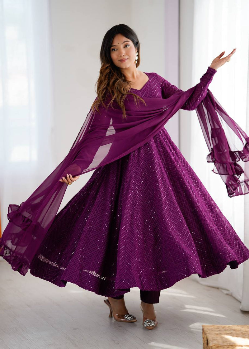 Womenline Wine Color Georgette Lucknowi Three Piece Anarkali Suit