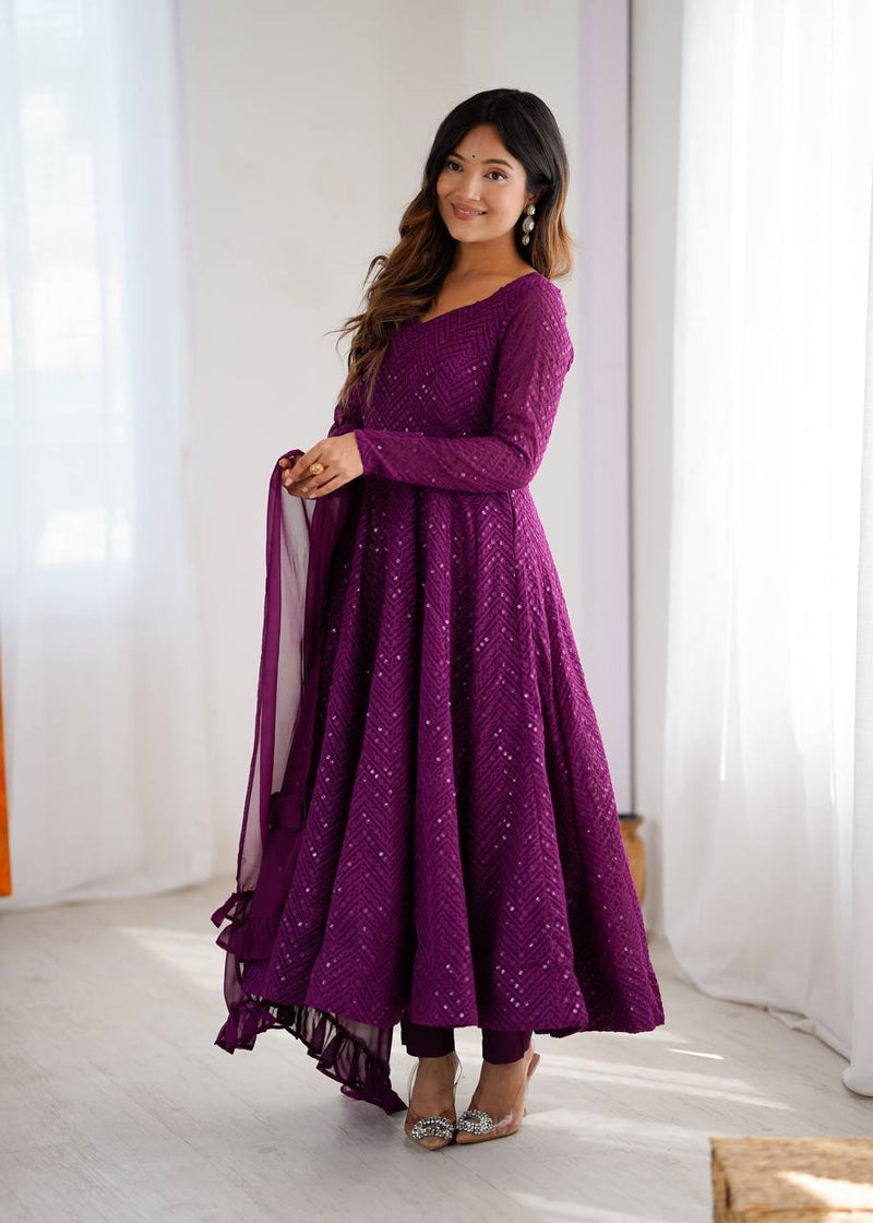 Womenline Wine Color Georgette Lucknowi Three Piece Anarkali Suit