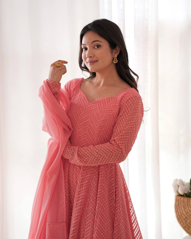 Womenline Dark Peach Color Georgette Lucknowi Three Piece Anarkali Suit