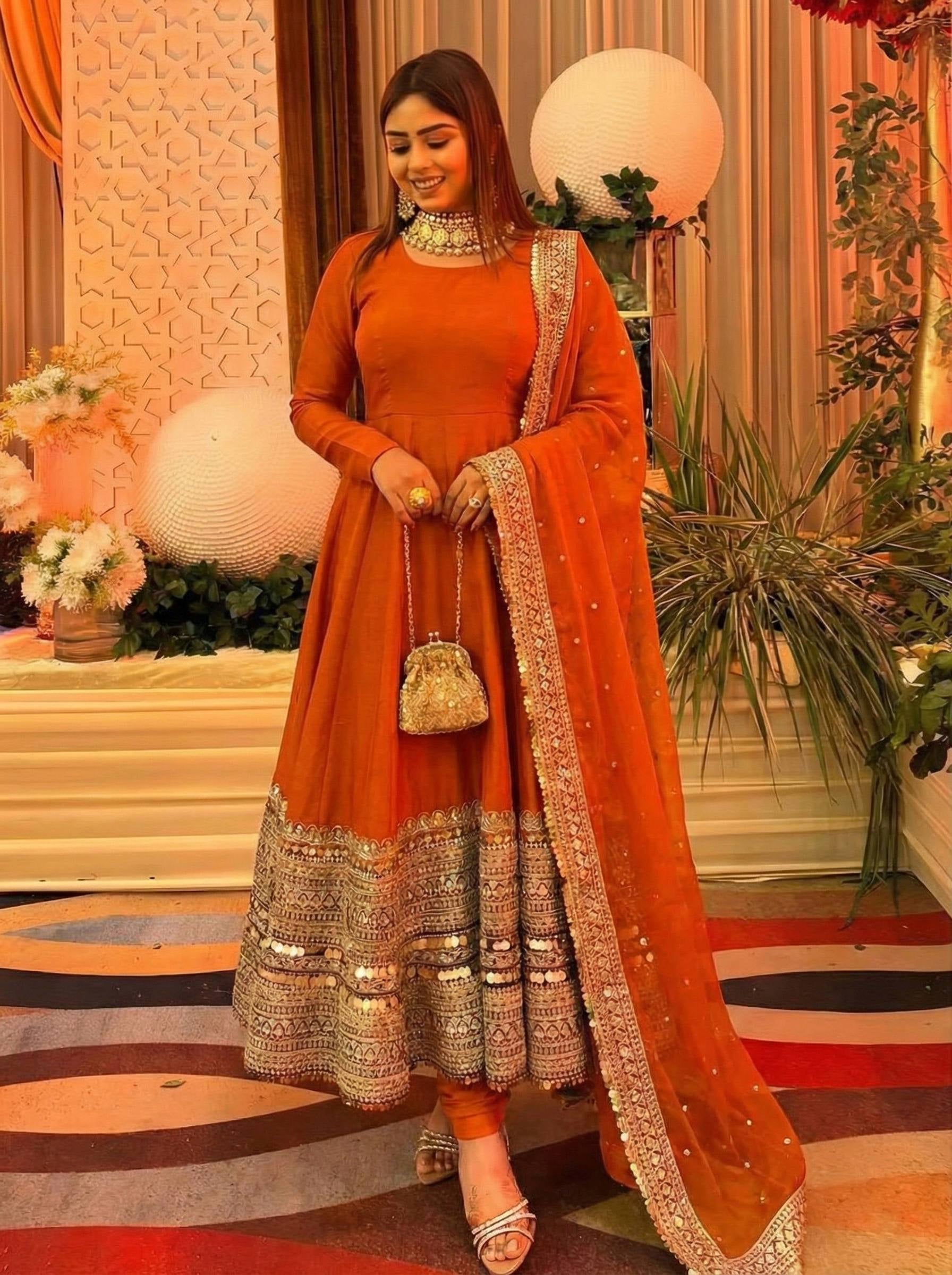 Womenline Sunset Ember Designer Anarkali Suit Set with Heavy Embroidered Border
