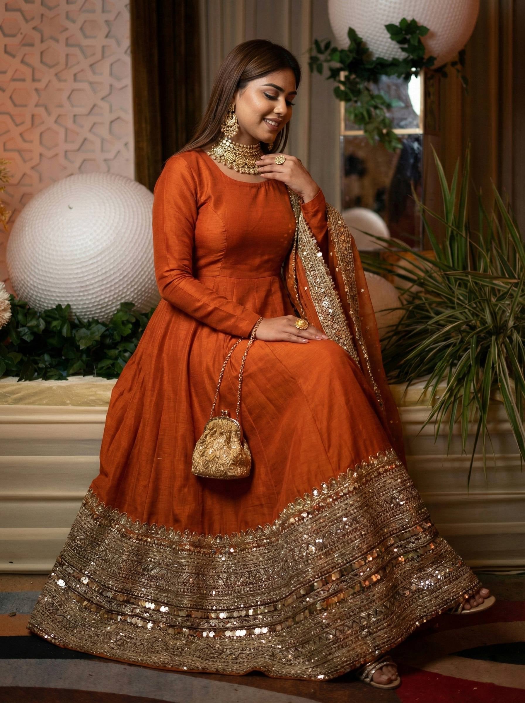 Womenline Sunset Ember Designer Anarkali Suit Set with Heavy Embroidered Border