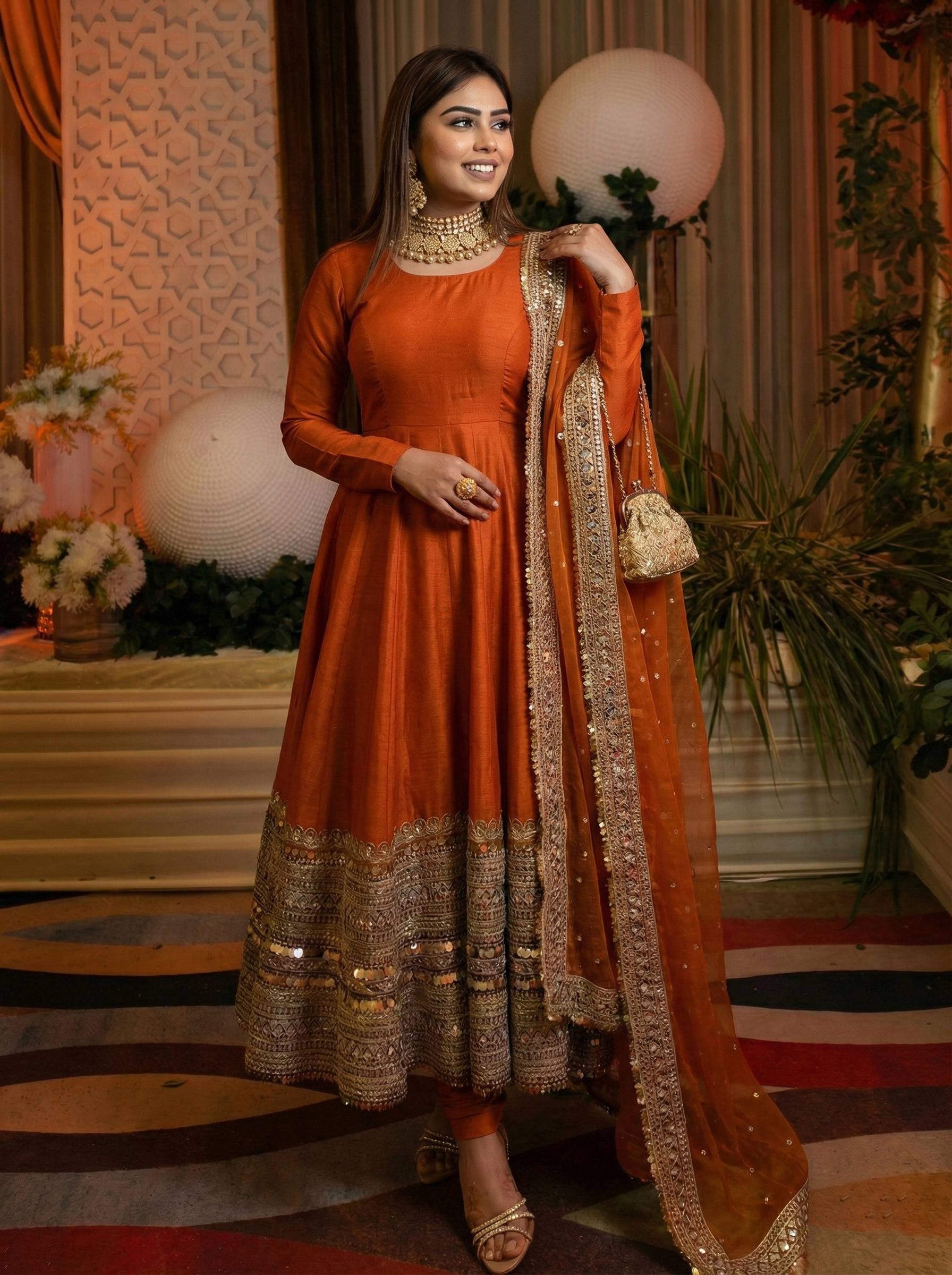 Womenline Sunset Ember Designer Anarkali Suit Set with Heavy Embroidered Border