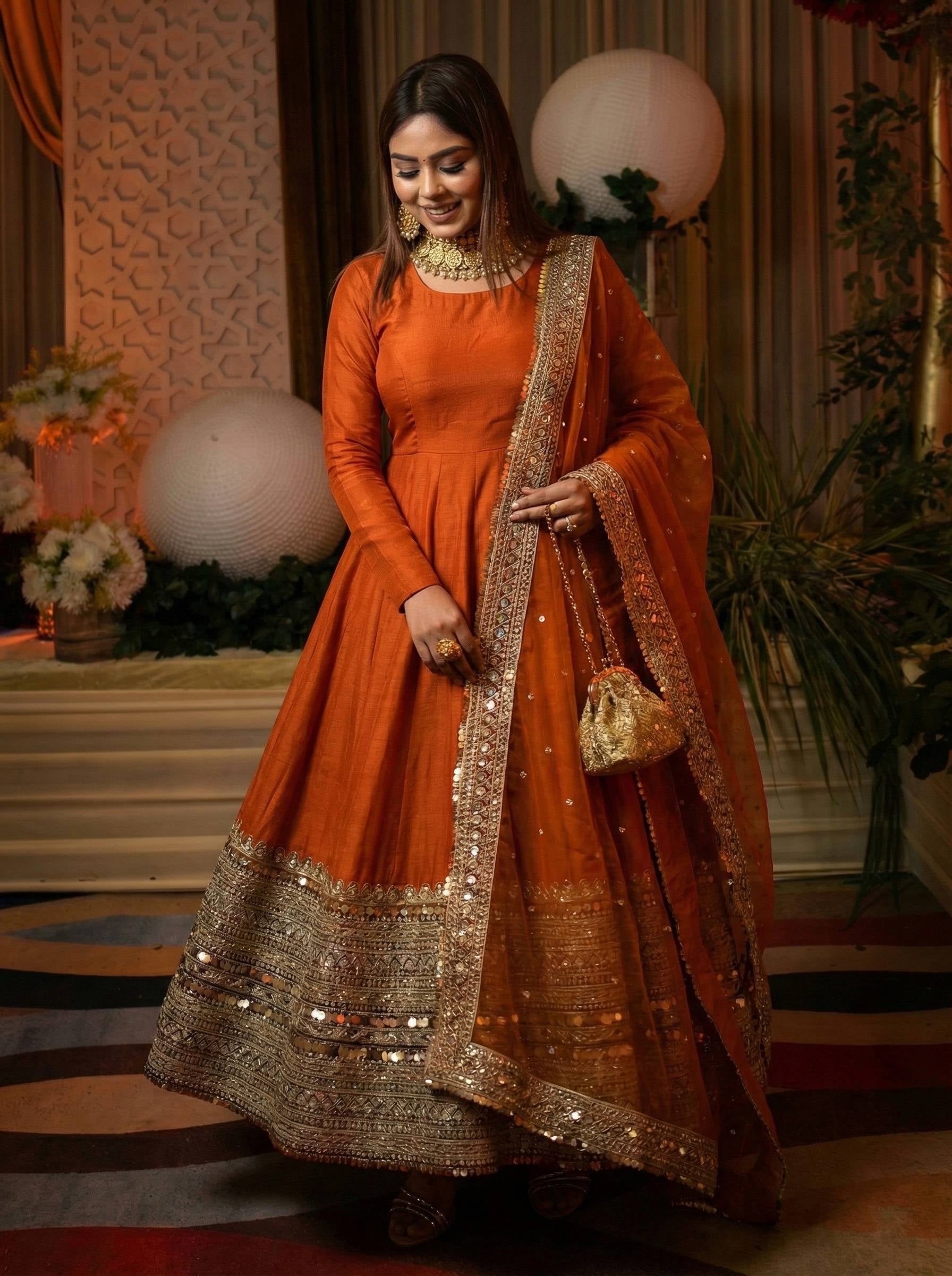 Womenline Sunset Ember Designer Anarkali Suit Set with Heavy Embroidered Border