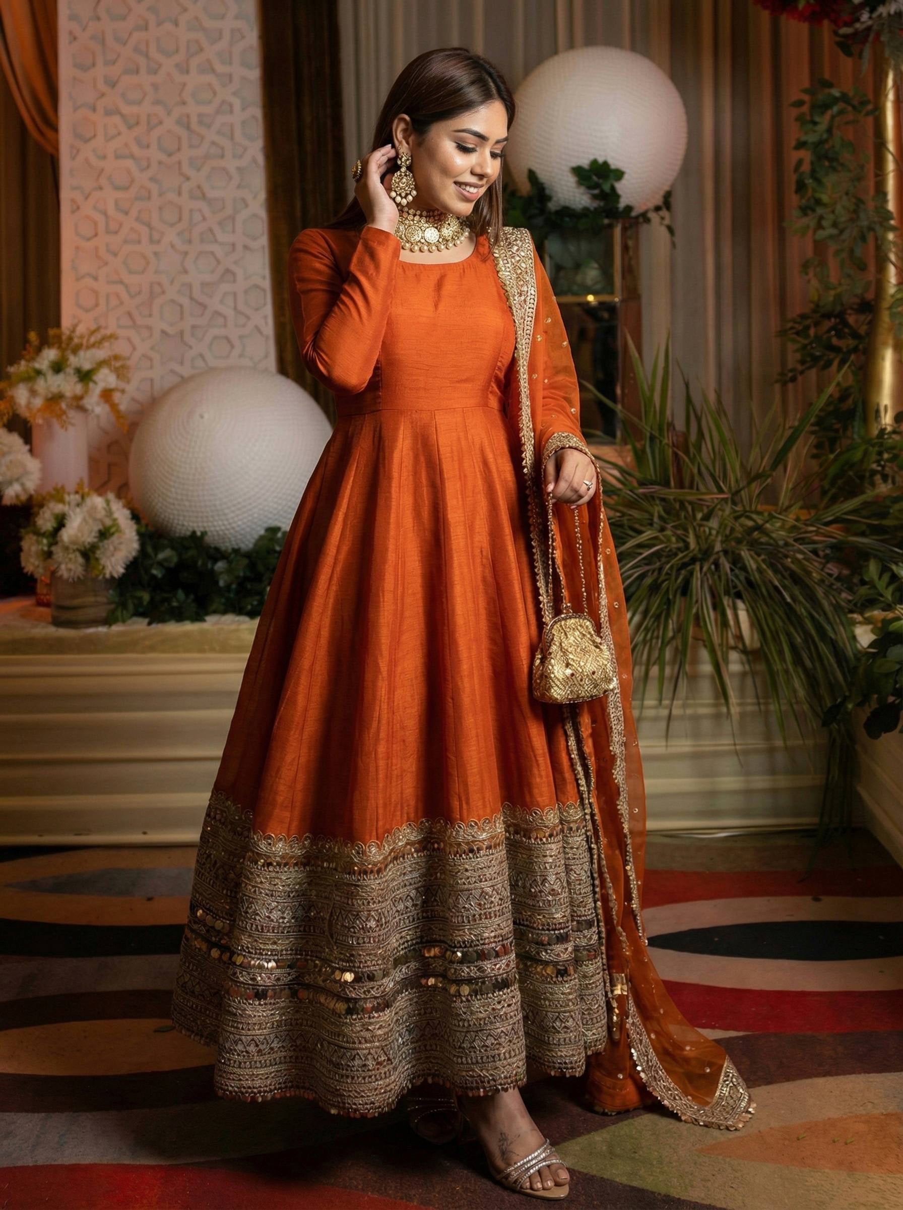Womenline Sunset Ember Designer Anarkali Suit Set with Heavy Embroidered Border