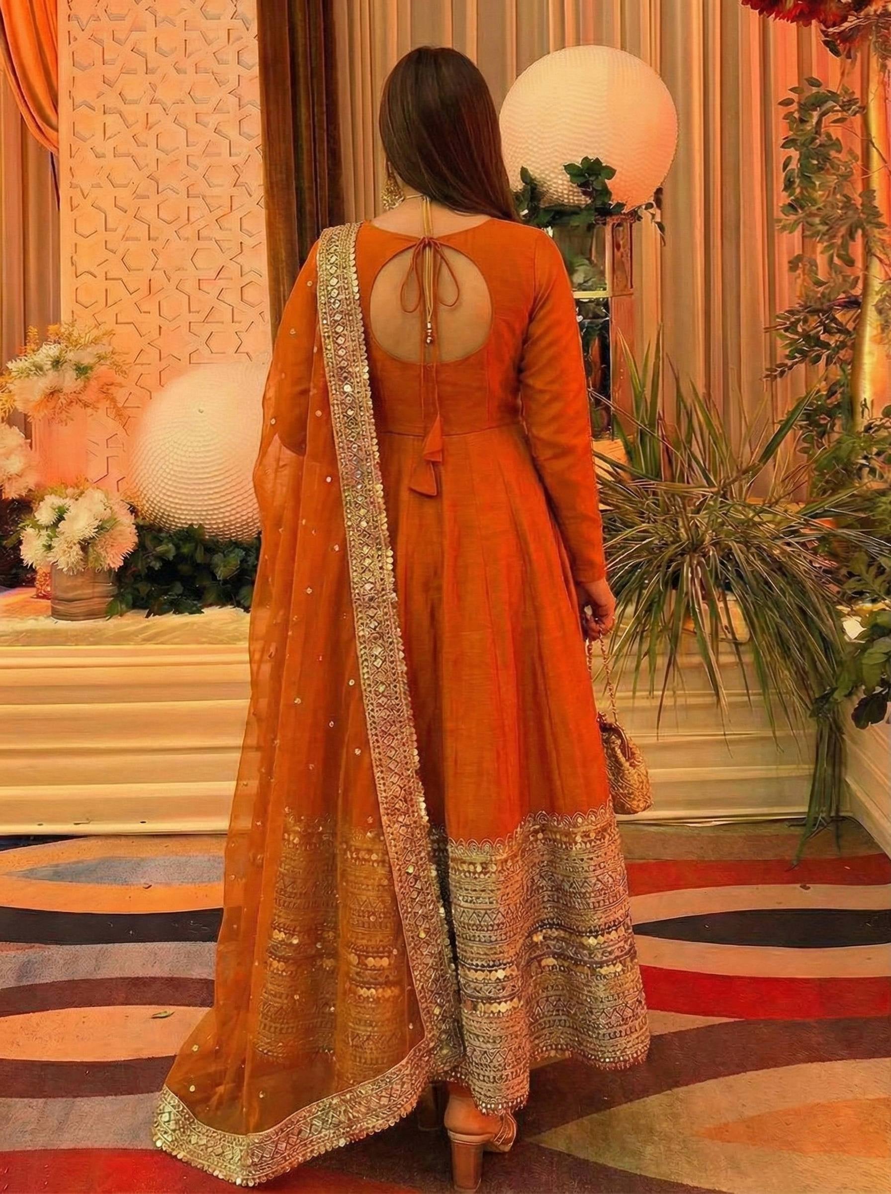 Womenline Sunset Ember Designer Anarkali Suit Set with Heavy Embroidered Border