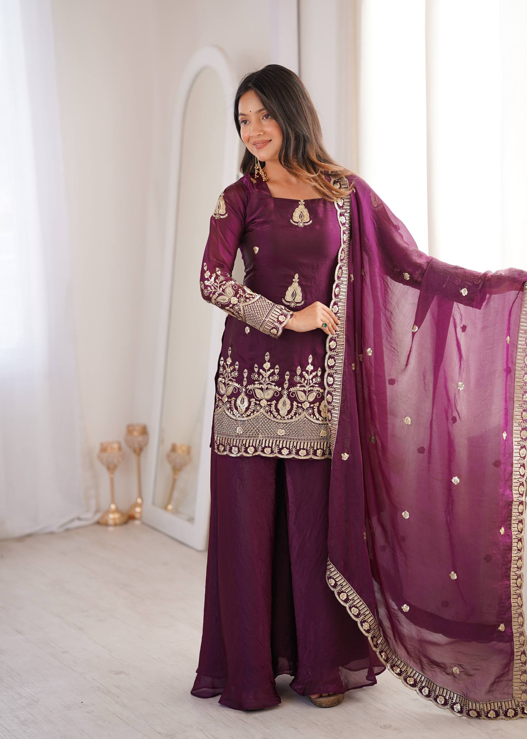 Womenline Royal Plum Heritage Sharara Suit Set with Zari Embroidery
