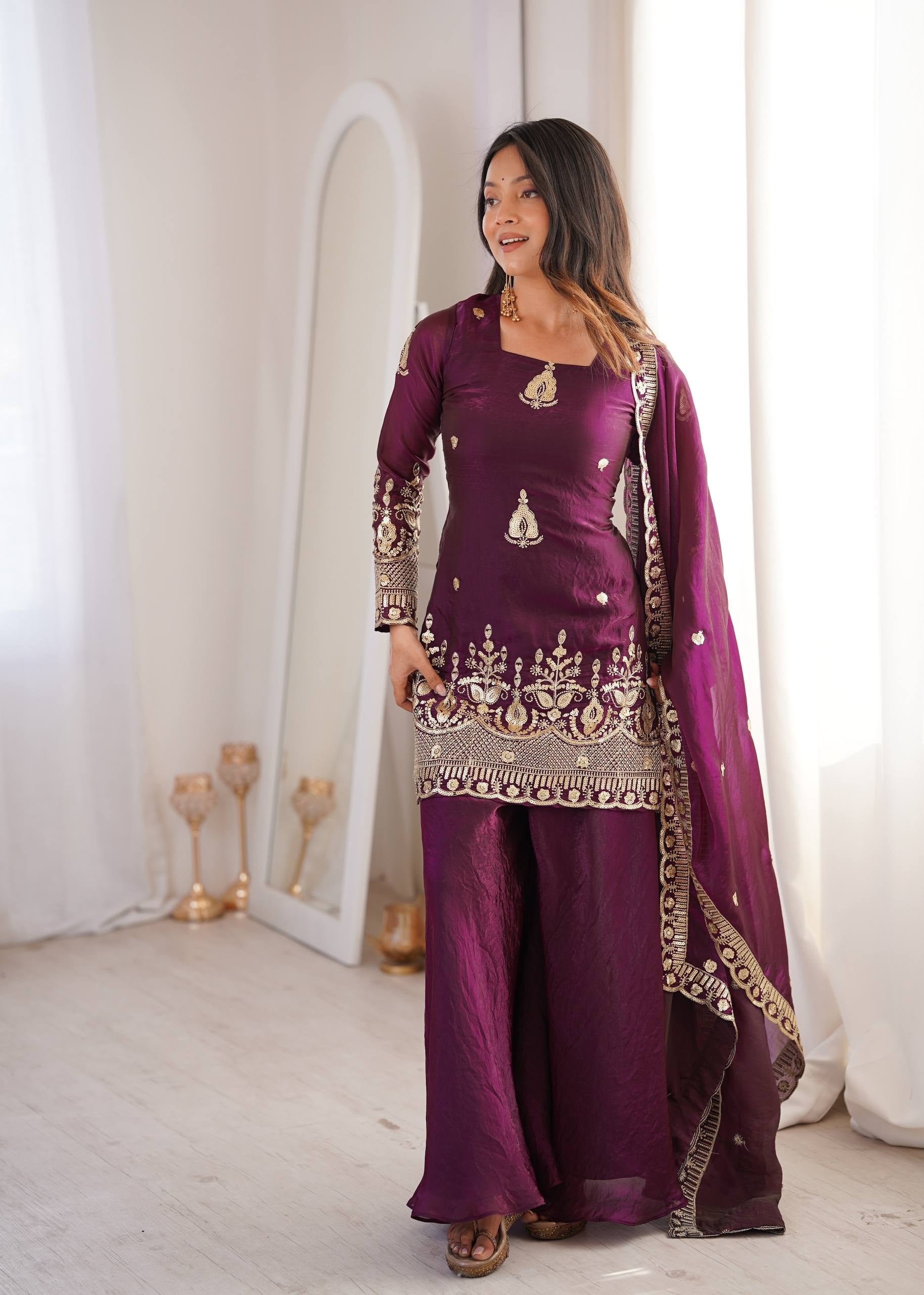 Womenline Royal Plum Heritage Sharara Suit Set with Zari Embroidery