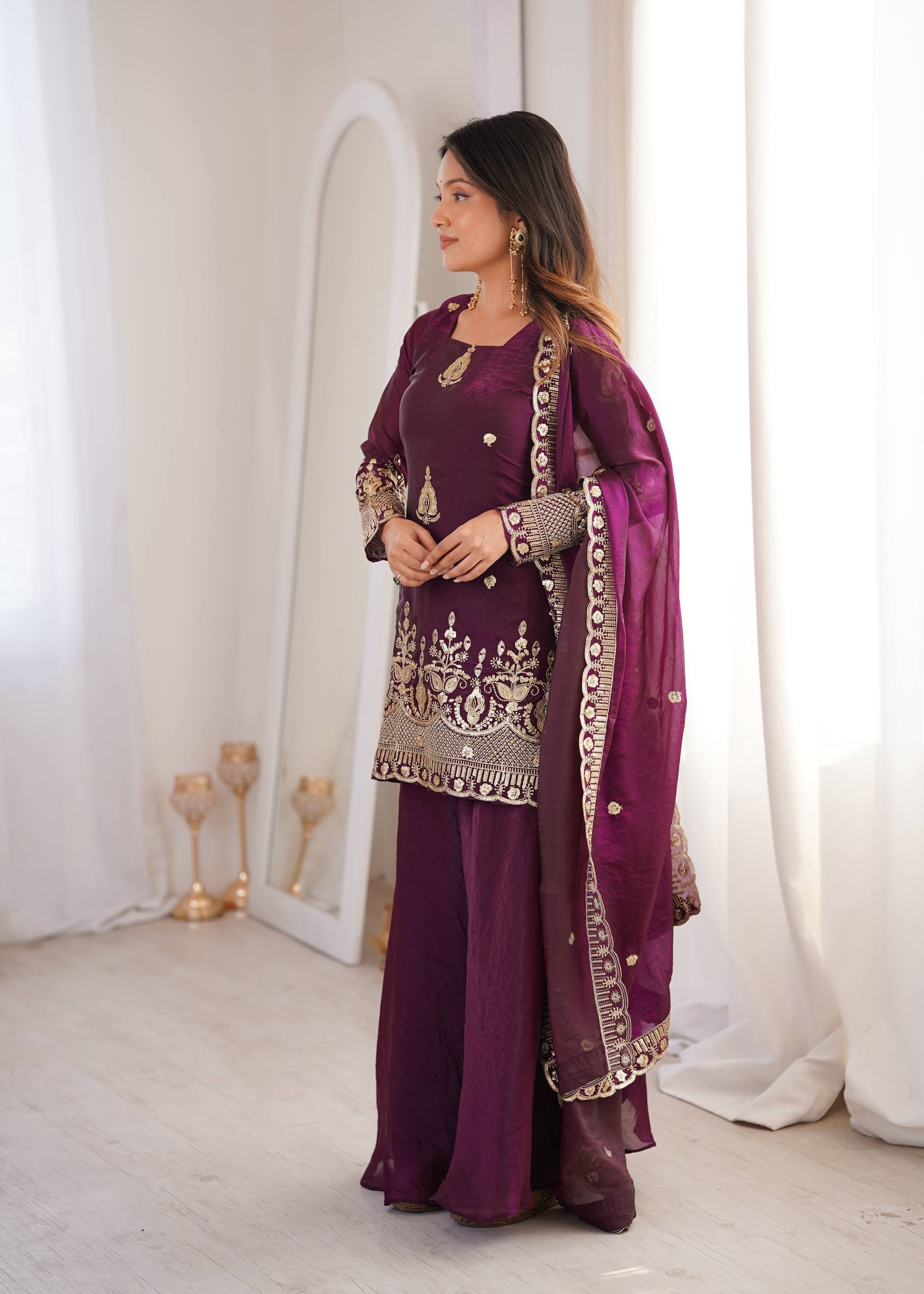 Womenline Royal Plum Heritage Sharara Suit Set with Zari Embroidery