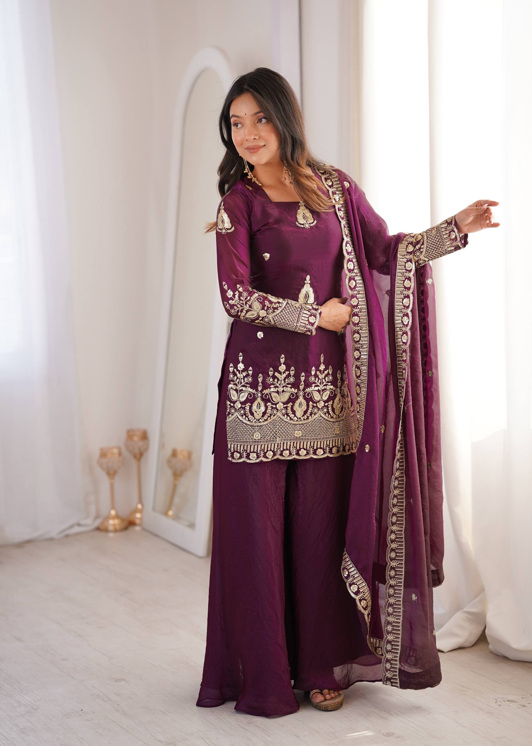 Womenline Royal Plum Heritage Sharara Suit Set with Zari Embroidery